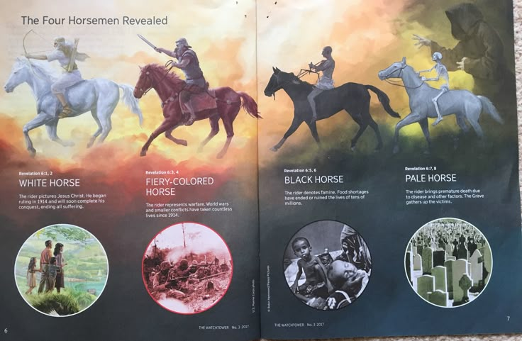 an open book with pictures of horses and people on it's pages, including the four horsemen revealed