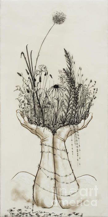 a drawing of two hands holding plants