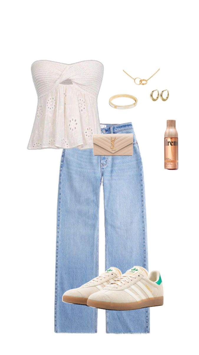 a white top, jeans and shoes are arranged in the shape of a woman's outfit