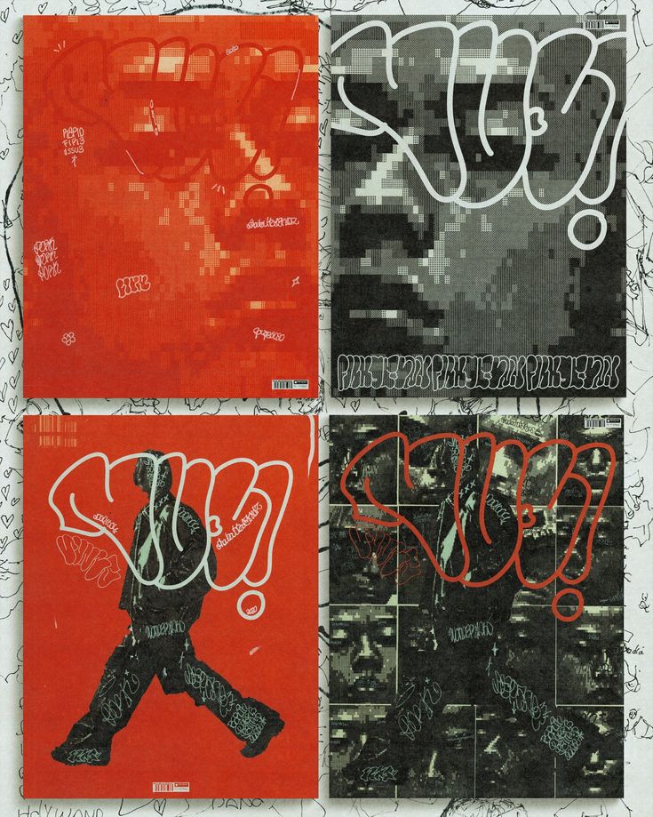 four different colored paintings with black and red designs on them, one is an image of a man's face