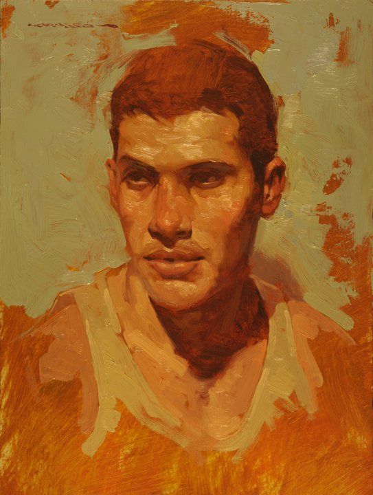 an oil painting of a man's face in orange and yellow tones with brown hair