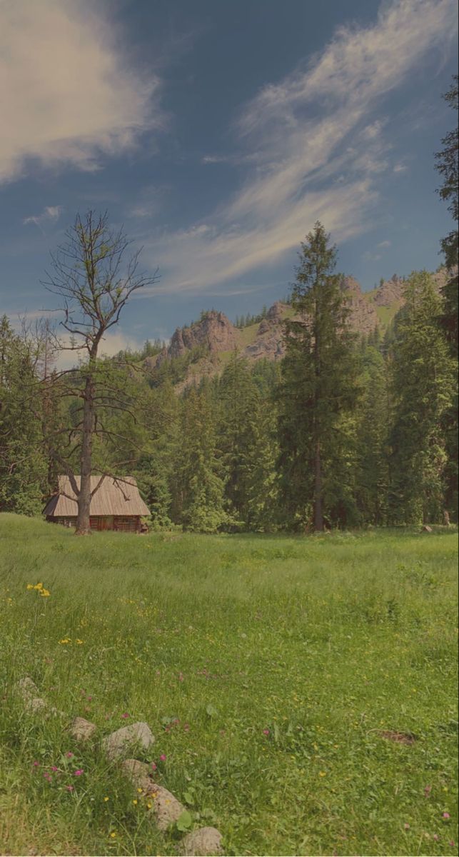 a small cabin in the middle of a field with mountains in the background and trees on either side