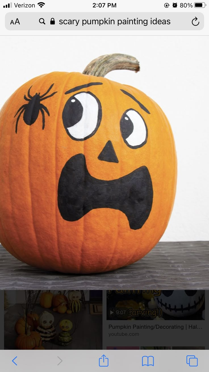 an image of a pumpkin with a face drawn on it's front and the words scary pumpkin painting ideas below