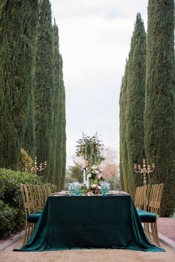 the table is set with green linen and gold chairs, surrounded by tall cypress trees