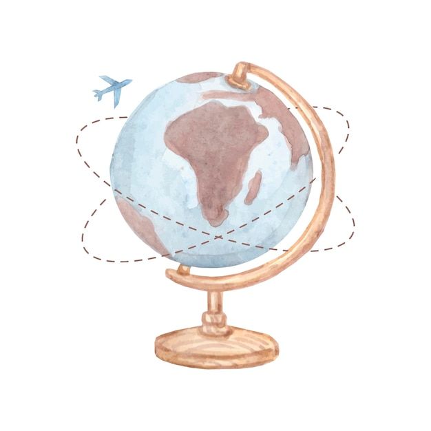 a watercolor painting of a globe with an airplane flying over it and the earth on top