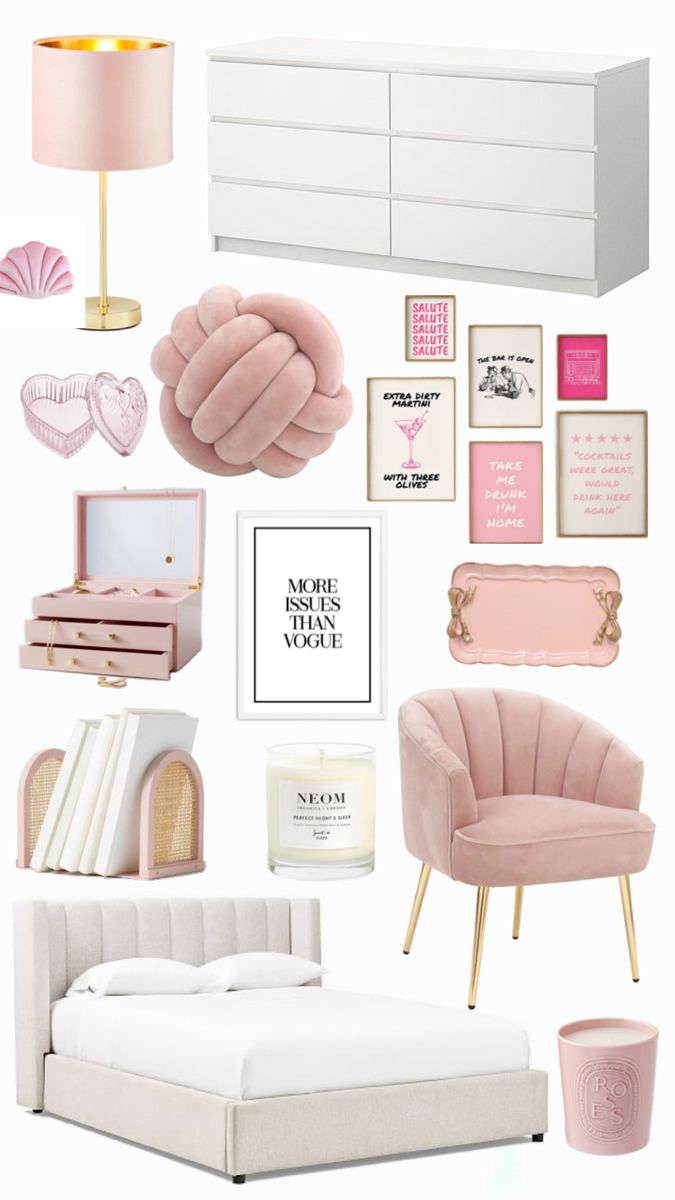 a collage of pink and white items including a bed, chair, lamp, dresser and other accessories