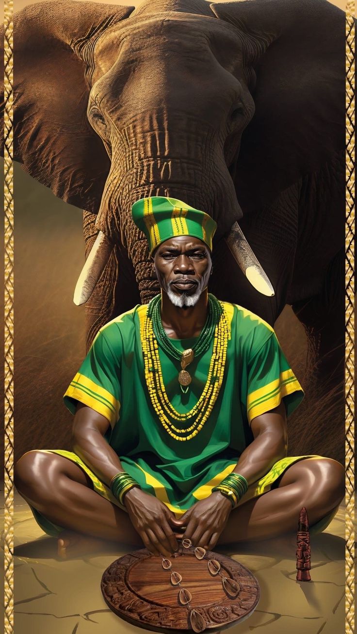 a man sitting on the ground in front of an elephant with turban and beads