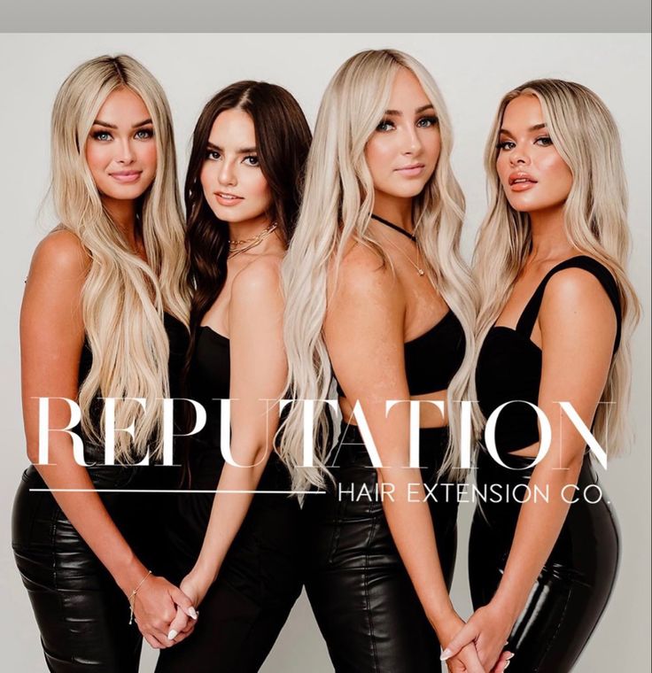 three beautiful women standing next to each other in black leather outfits with the caption reputation hair extension co