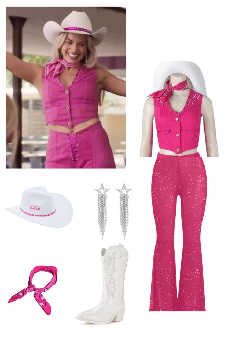 a woman in pink outfit and cowboy hat