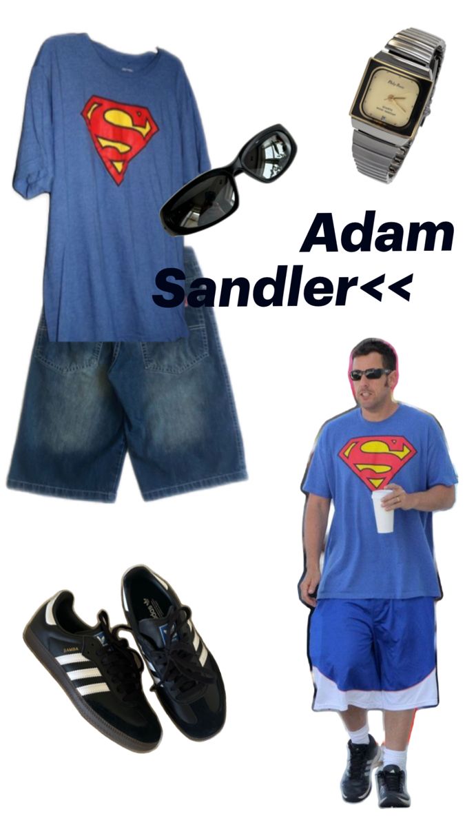 a man in blue shirt and shorts with superman t - shirt next to sunglasses, watch and shoes