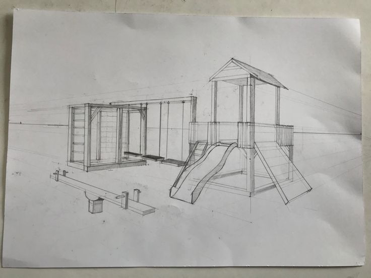 an architectural drawing of a play area in the shape of a house with a slide