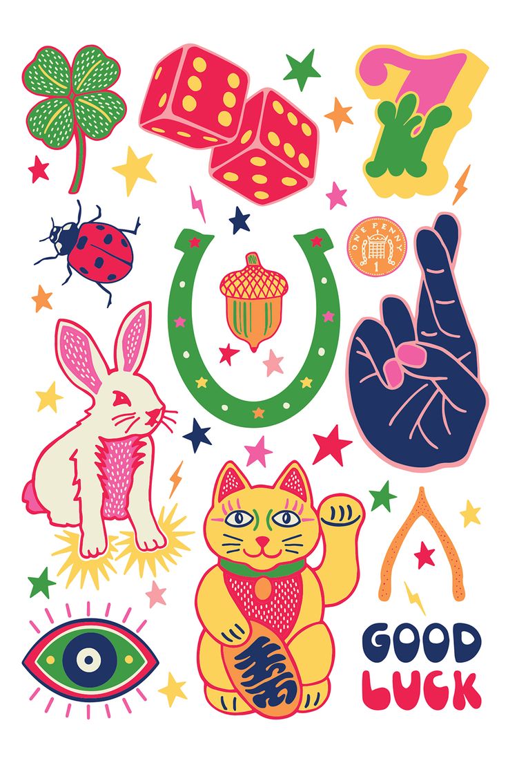 an assortment of stickers that include cats, rabbits and other things in different colors