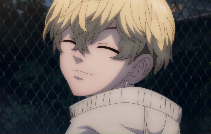 an anime character with blonde hair and eyes closed