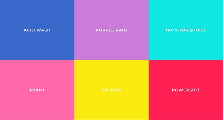 four squares with different colors and the words acid wash, purple rain, tron turquiose, powerburst