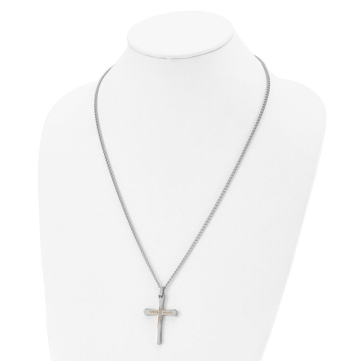 Celebrate and honor all special occasions with jewelry of religious significance! Our collection of spiritually inspired designs that show faith, hope and devotion are perfect for commemorating life's milestones. This two-tone stainless steel necklace features a 14k yellow gold anchor chain accent design on a polished passion cross pendant that is approximately 30mm (1 3/16 inch) in width by 48mm (1 13/16 inches) in length, which includes the bail. It hangs on a 3mm width by 24-inch-long polishe Anchor Chain, Bow Jewelry, Gold Accent, Steel Necklace, Jewelry Companies, Faith Hope, Black Bow, Stainless Steel Necklace, Milestones