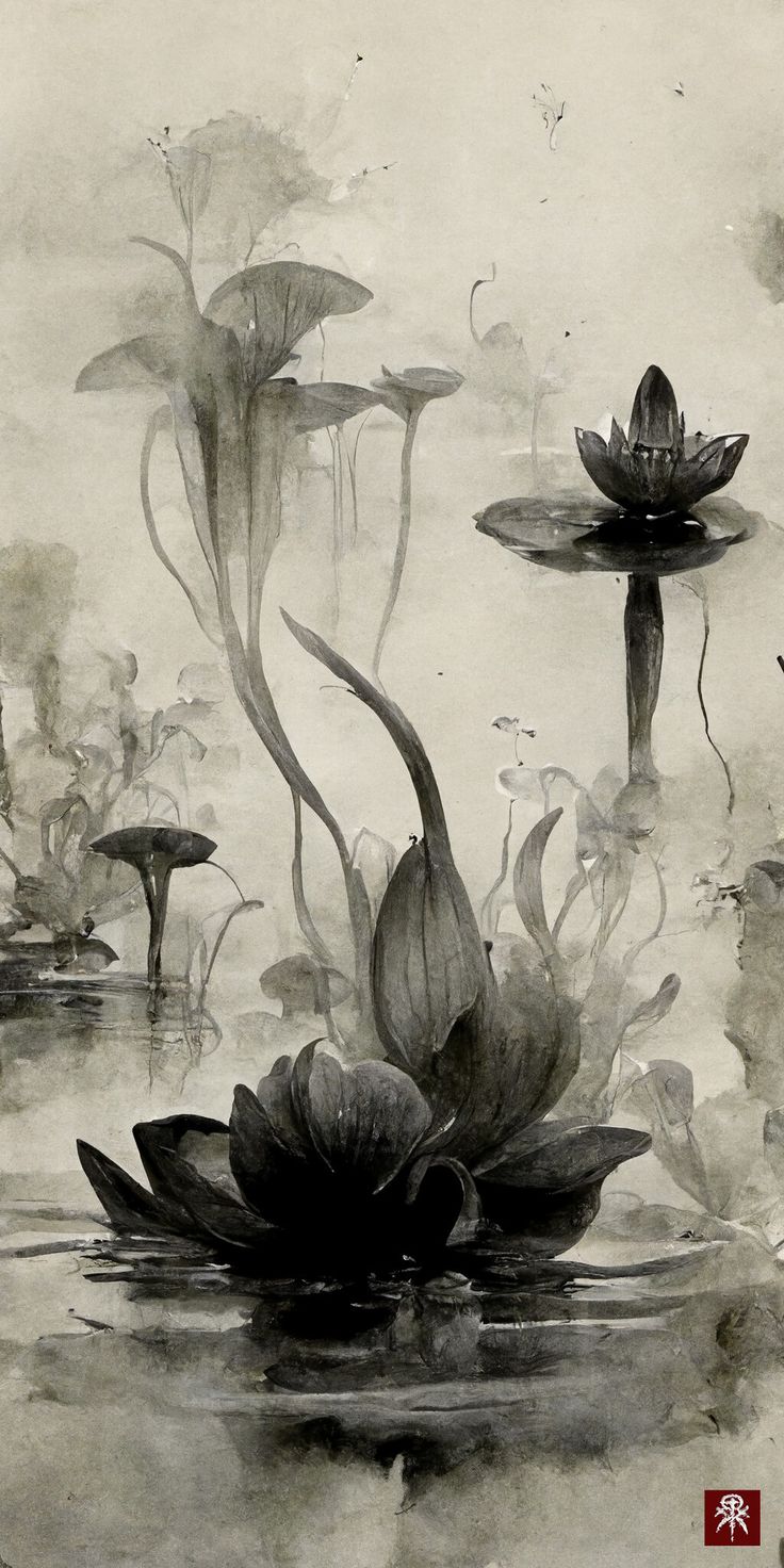 water lilies floating on top of a pond in the middle of a foggy day