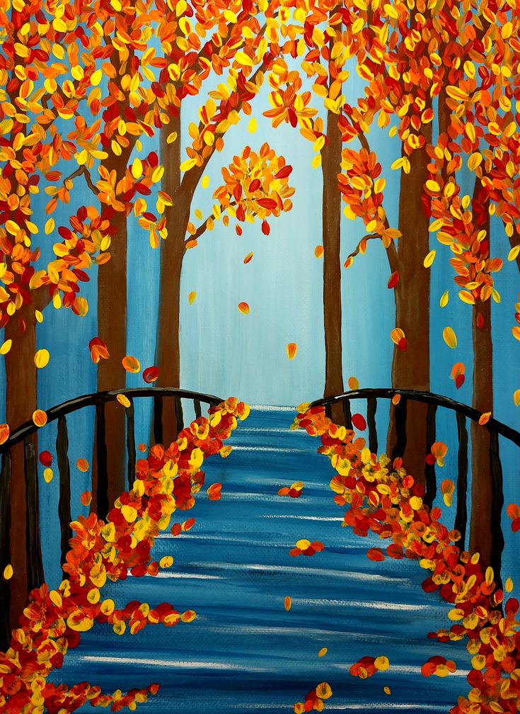 an acrylic painting of trees with leaves falling from them on a blue background