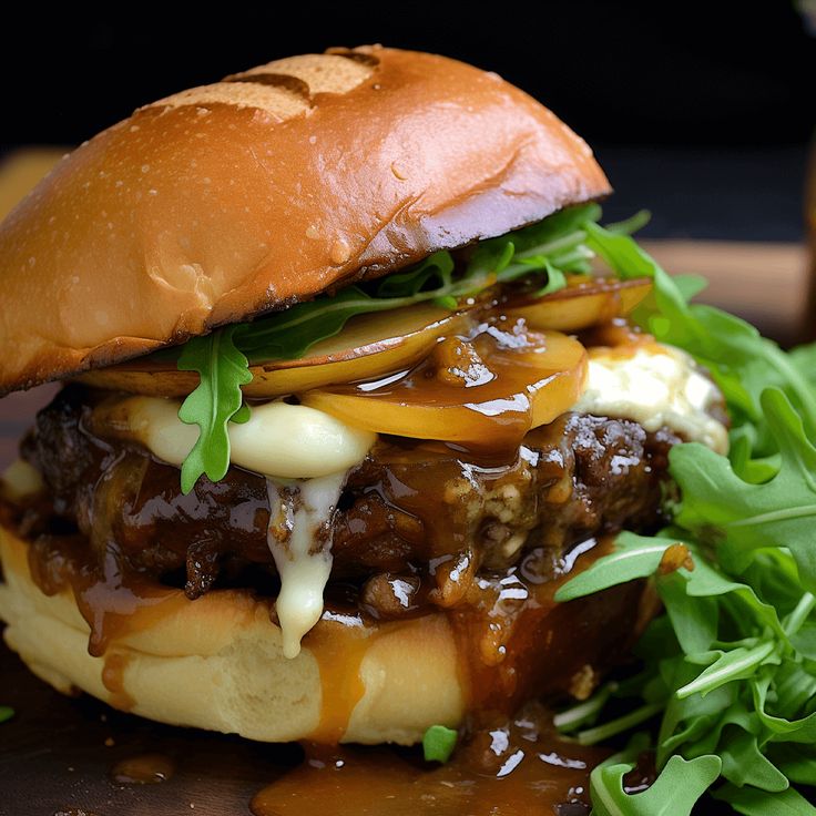 a sandwich with meat, cheese and sauce on it sitting on a cutting board next to some greens