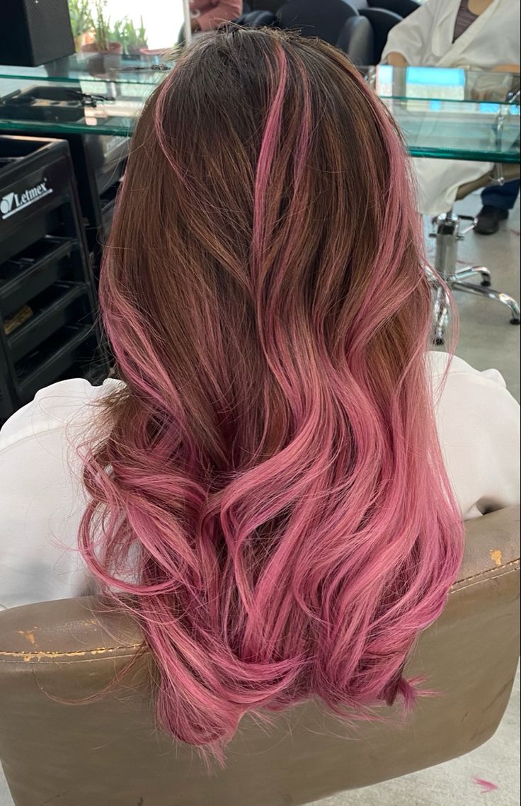 Light Pink Hair Balayage, Light Brown Hair With Blonde And Pink Highlights, Pink And Brown Balayage, Pink Hair Dye Ideas Brunettes, Pink Baylage Hair Light Brown, Pink Balyage Long Hair Brunettes, Hair Pink Underneath, Pink And Light Brown Hair, Pink Hair On Brown Hair