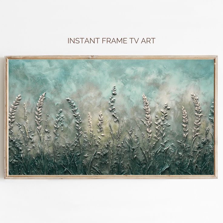 a painting hanging on the wall next to a white wall with an inscription instant frame tv art