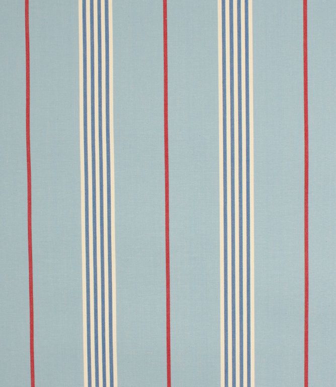 a blue and white striped wallpaper with red lines on the bottom half of it