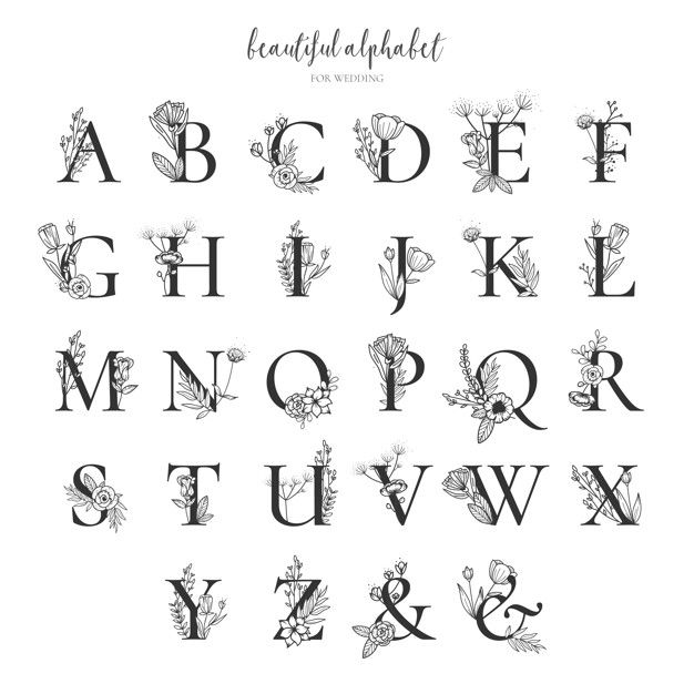 the alphabet with flowers and leaves in black ink on white paper, including capital letters