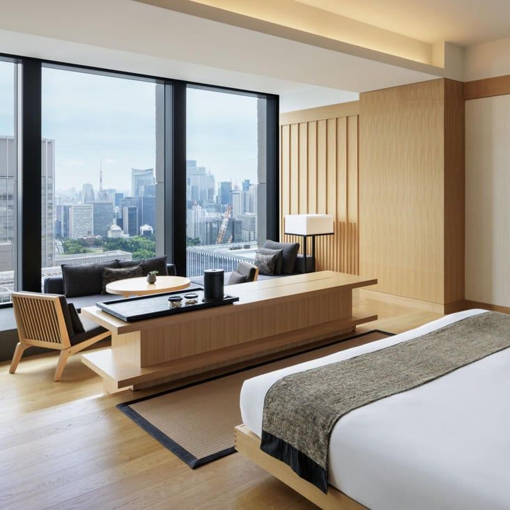 a hotel room with a large window overlooking the city