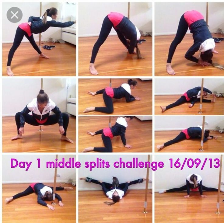 a woman doing yoga poses on the floor in front of a wall with words that read day 1 middle splits challenge 6 / 10 / 13