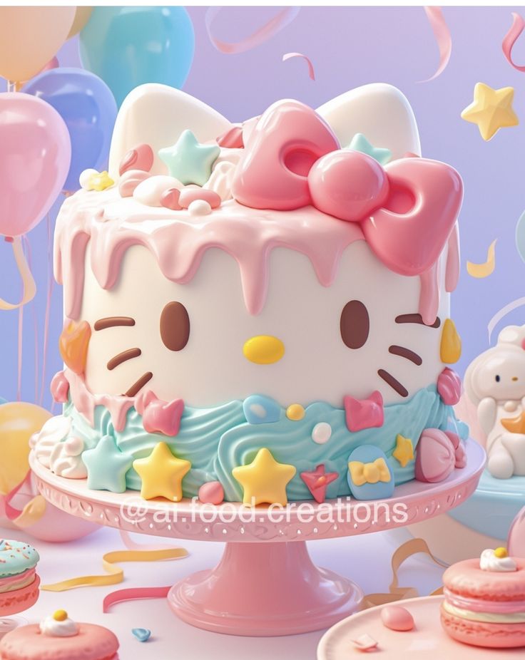 a hello kitty cake on a table with balloons and confetti