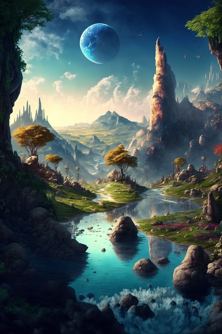 a fantasy landscape with mountains, water and trees