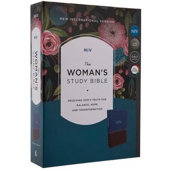 the woman's study bible, with blue cover and pink flowers on black background