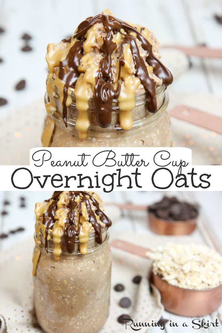 peanut butter cup overnight oats with chocolate drizzle and caramel on top