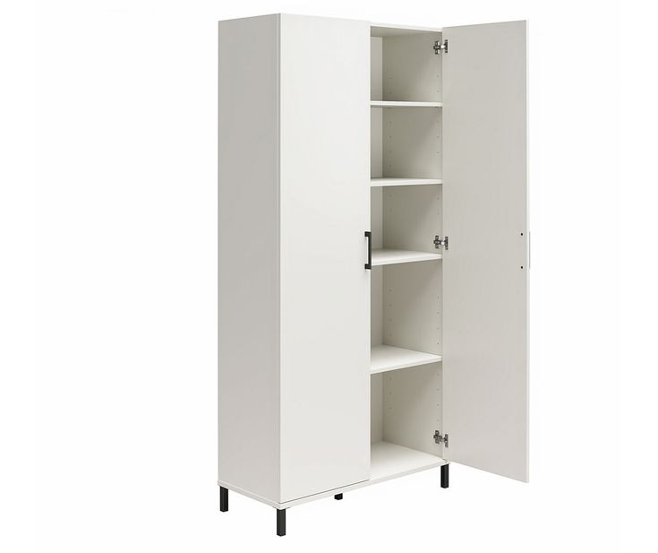 a tall white cabinet with shelves on wheels