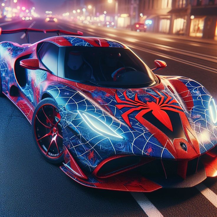 a red and blue spider - man sports car driving down the road at night with city lights in the background