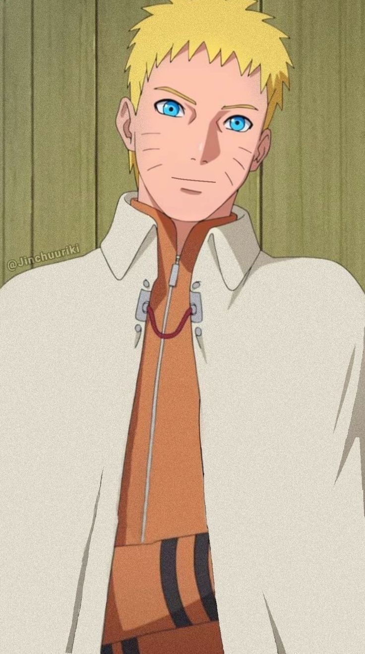 an anime character with blonde hair and blue eyes wearing a white jacket, standing in front of a wooden wall