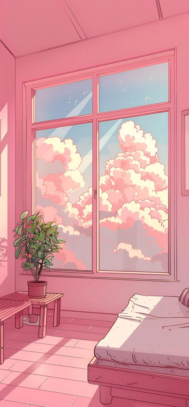 a bedroom with pink walls and flooring has a large window overlooking the clouds outside