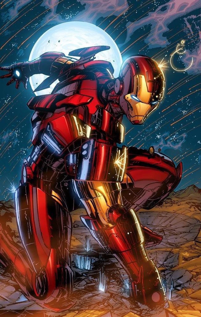 the iron man is standing in front of a full moon