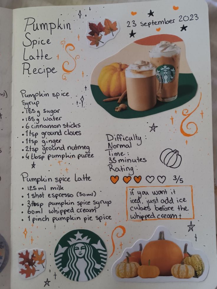 a menu listing pumpkin spice latte recipe