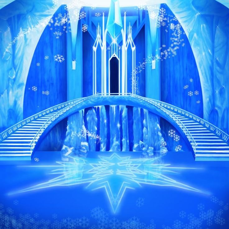 an ice palace with stairs leading up to it and snowflakes on the ground