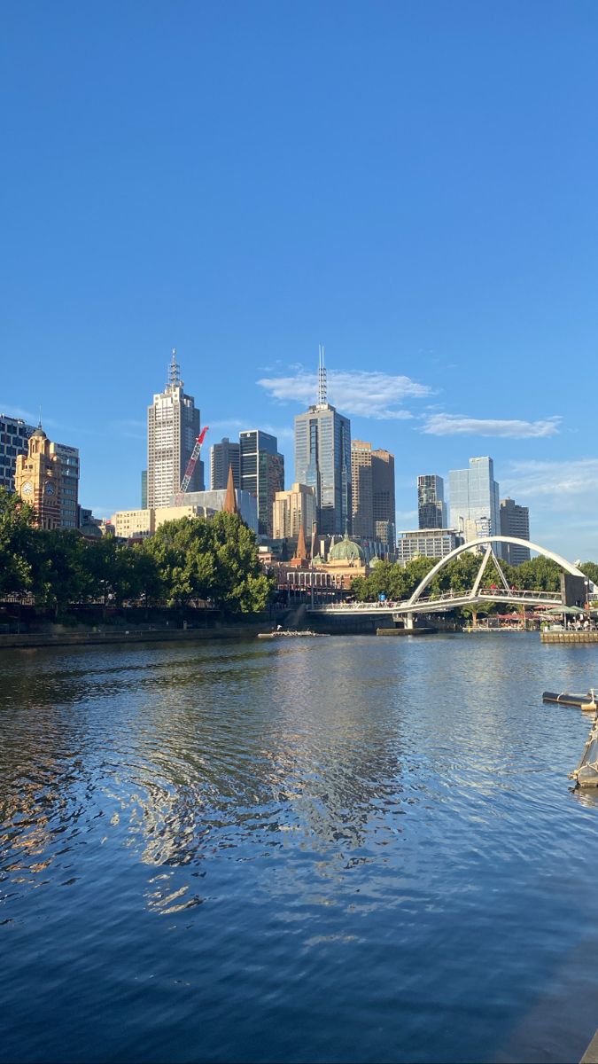 the city skyline is reflected in the water