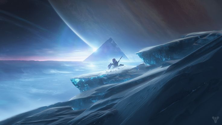 a man standing on top of a snow covered mountain next to a giant iceberg