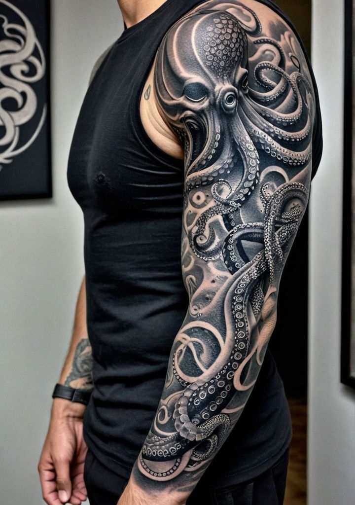 a man with a black and grey octopus tattoo on his arm is looking at the camera