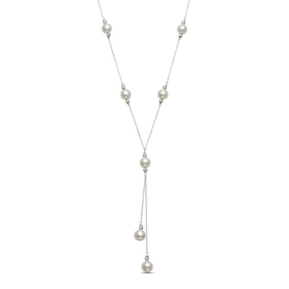 Shimmering freshwater cultured pearls are stationed along this elegant lariat necklace, with an additional pair dangling at staggered lengths from the center. Delicate textured beads bookend each pearl to complete the look. Crafted in sterling silver, the 18-inch cable chain secures with a spring ring clasp. Pearl Diamond Jewelry, Pearl Jewelry Shop, Rose Gold Tungsten, Stackable Rings Silver, Bezel Engagement Ring, Mens Gold Rings, Gold Ring Sets, Silver Shop, Freshwater Cultured Pearls