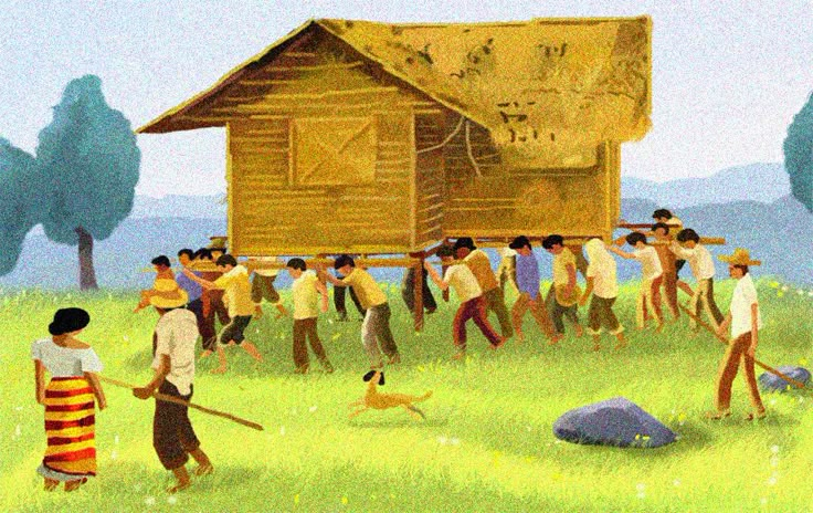 a painting of people standing in front of a house with a dog on the grass