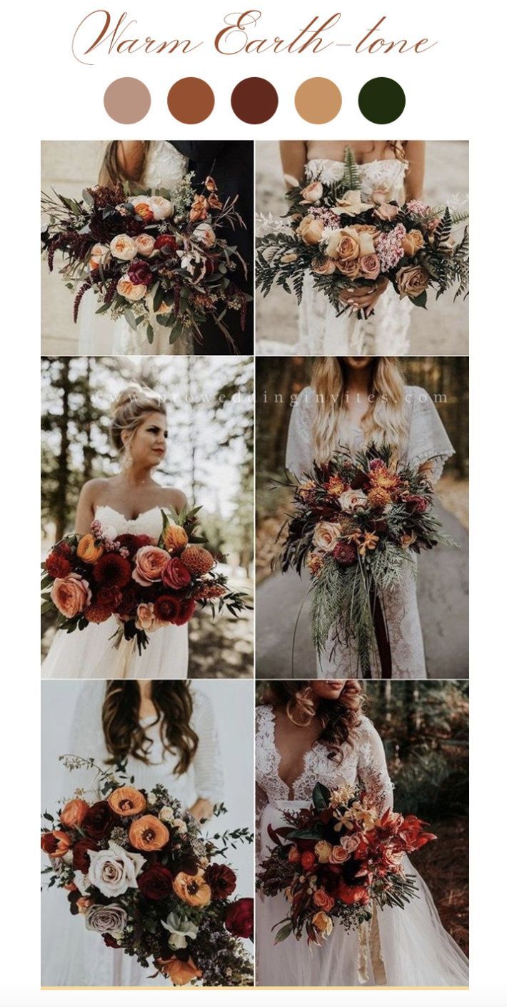 a collage of different wedding bouquets with flowers and greenery in the center