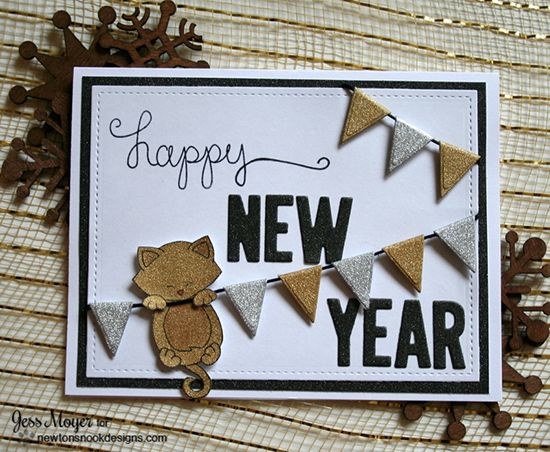 a happy new year card with a teddy bear and bunting flags on it's side