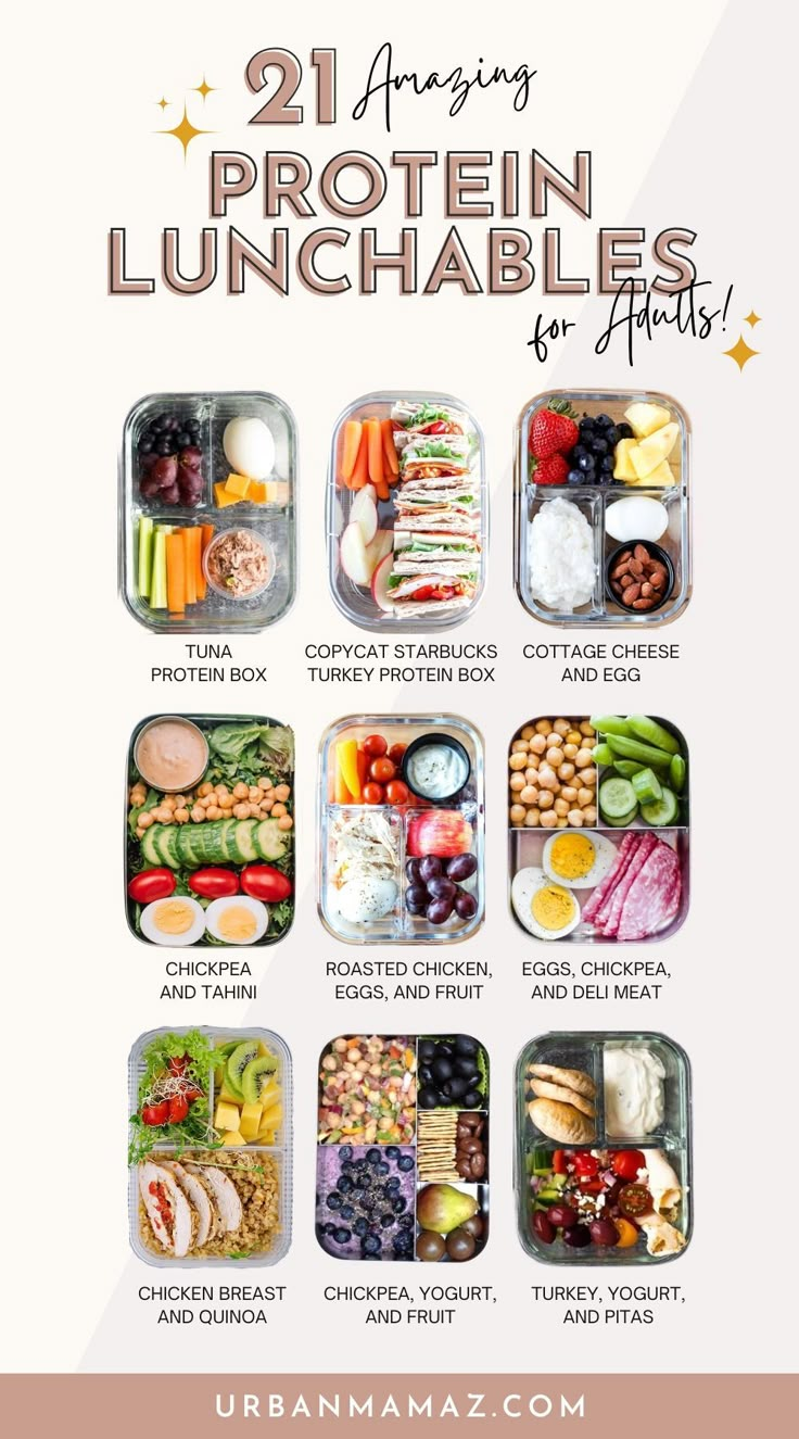 21 High-Protein Lunches for Adults to Power You Through the Day Pb&j Lunch Lunchbox Ideas, Bento Protein Boxes, Lunch Box Protein, High Protein Snack Boxes For Adults, Protein Bento Box Lunch For Adults, Adult Lunchables Vegetarian, Adult Protein Lunchables, Adult Lunchables High Protein, Protein Lunchables For Adults