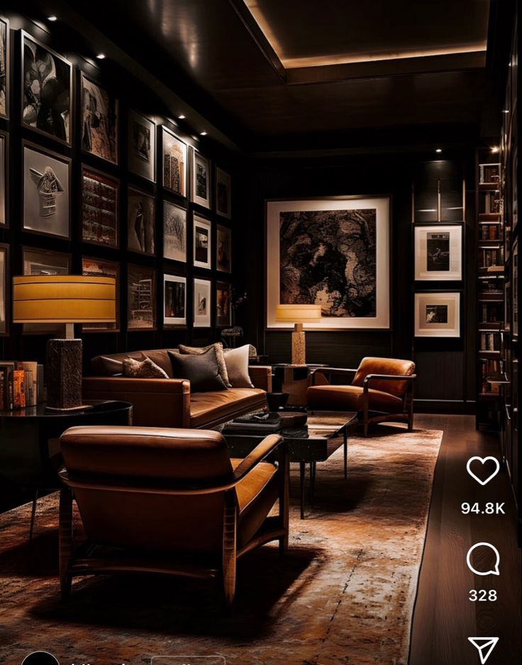 a living room filled with lots of furniture and pictures on the wall next to bookshelves