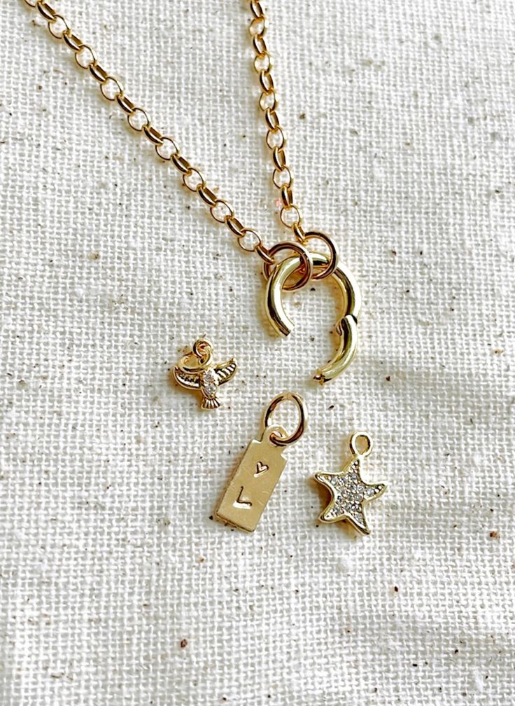 Rolo Chain Charm Necklace How To Make A Chain Necklace, Small Charm Necklace, Cluster Charm Necklace, Gold Charms For Necklace, Handmade Charm Necklace, Chain Charm Necklace, Timeless Jewelry Pieces, Custom Charm Necklace, Necklace Stacking Gold