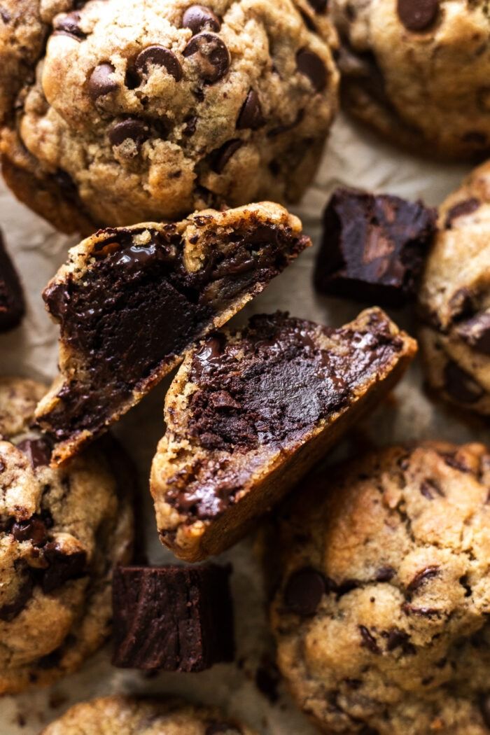 chocolate chip cookies with one cut in half